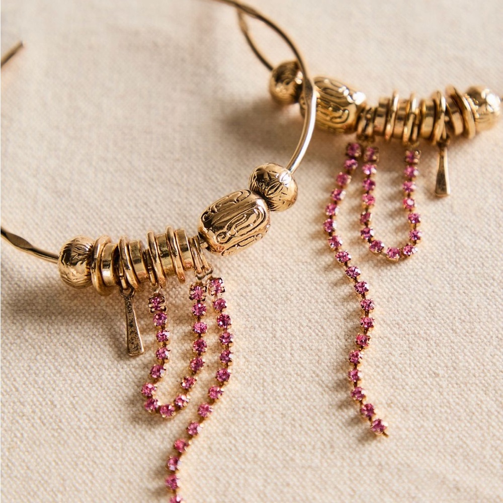 Free People Gold Hoop Earrings with Pink Bead Tassels - Picture 2 of 4